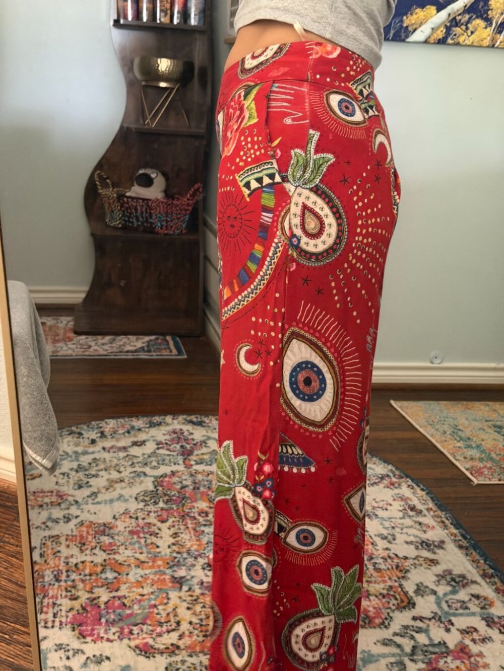 FARM Rio Mystic Red Mixed Print Wide Leg Pants Medium Boho Evil Eye - Picture 12 of 15